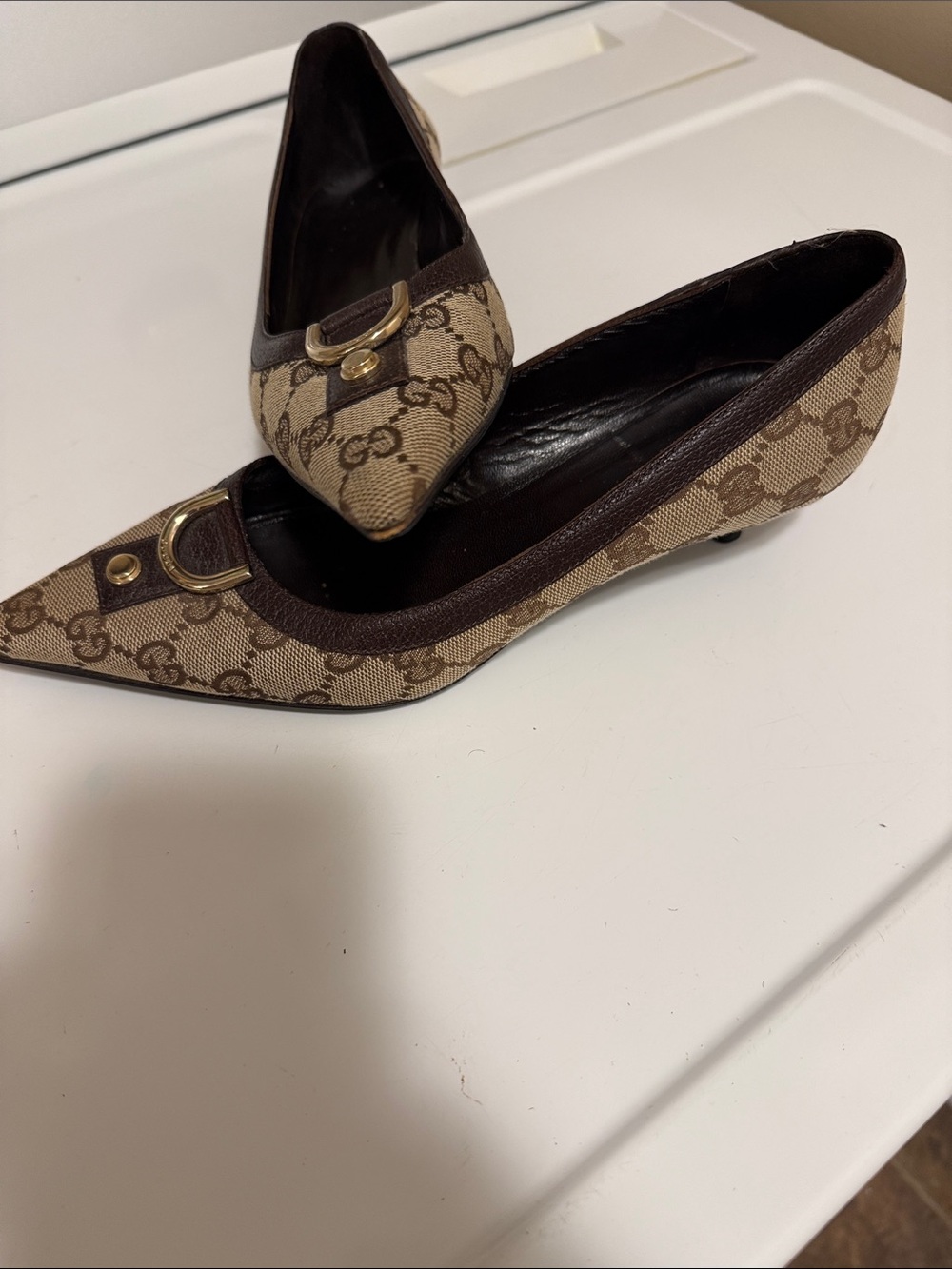Gucci Monogram Pointed Toe Flats with Gold Buckle with Kitten Heels size 6.5.